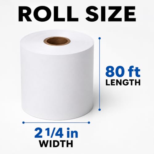 Thermal Paper Rolls, 2 1/4" x 80', 50 Rolls/Case, White Receipt Paper for POS & Credit Card Terminals - size: 2 1/4" x 80'