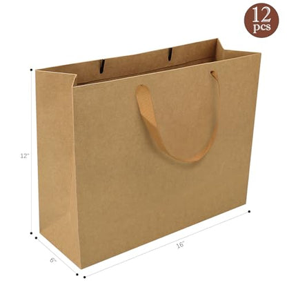 12 Pcs Extra Large Brown Kraft Paper Gift Bags, 16"x6"x12", Ribbon Handles, Solid Color, Wholesale & Retail Bags, Wedding & Party Favors - color: Brown-12-H-XL