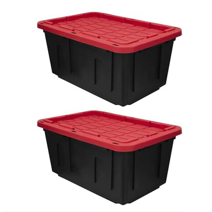27 Gallon Heavy Duty Storage Tote with Lid, Stackable & Nestable Plastic Storage Bin for Garage, Large Tote Box Organizing Container, Black Red (2) - size: 2
