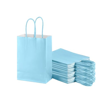 piqiya Small Plain Natural Paper Kraft Gift Bags with Handles Light Blue Paper Bags for Eid Birthday Party Grocery Retail Business Goody Craft Bag (Blue，24pcs) - color: light blue