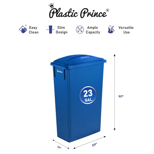 PLASTIC PRINCE 23 Gallon Slim Trash Can with Paper Recycling Lid, Commercial Blue Rectangular Garbage Can, Waste Bin for Home Kitchen Cabinet - style: Blue Trash Can with Paper Lid