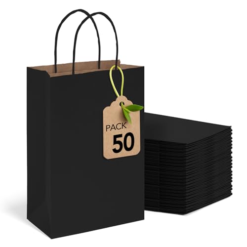 MESHA Black Gift Bags 50 Pack 5.25x3.75x8'' Small Paper Bags with Handles - color: Black, size: 1 Count (Pack of 1)