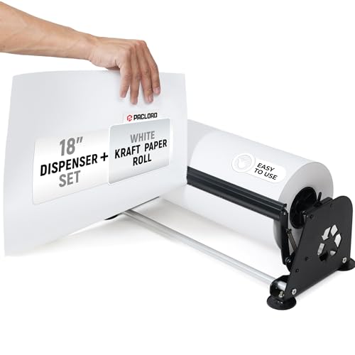 18" Paper Dispenser with Cutter + White Kraft Paper Roll - color: White, size: 1 Roll + Dispenser