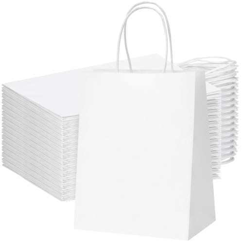 OUTUXED 100pcs 8x4x10in White Paper Bags with Handles Kraft Paper Gift Bags - color: White 8x4x10in, size: 1 Count (Pack of 100)