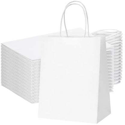 OUTUXED 100pcs 8x4x10in White Paper Bags with Handles Kraft Paper Gift Bags - color: White 8x4x10in, size: 1 Count (Pack of 100)