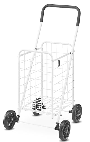 Whitmor Folding Utility Shopping Cart with Wheels, Heavy Duty Metal Grocery Cart, Portable Foam Handle, Rolling Collapsible Trolley for Groceries, Laundry, Storage, White - size: 19.5"L x 18.5"W x 34.5"H, White