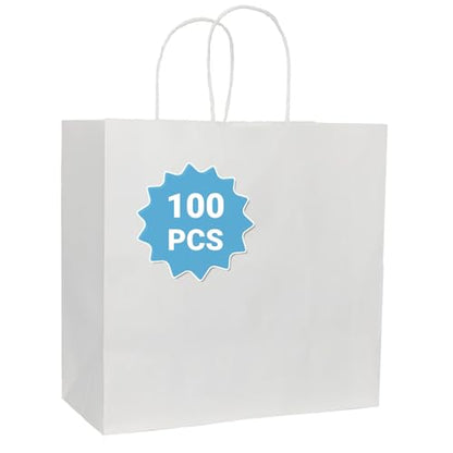 COGLARING 100Pcs White Gift Bags with Handles - 11x5.9x11 Inch Kraft Paper Bags Bulk for Weddings, Parties, Retail & Gift Wrapping - White Paper Bag - color: White, size: 1 Count (Pack of 100)