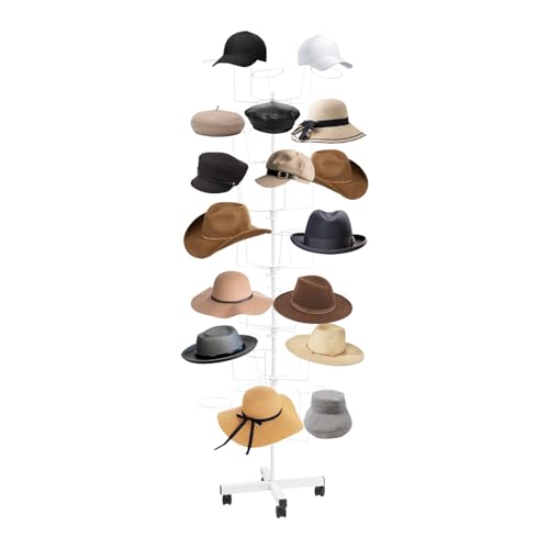 7-Tier Rotating Iron Hat Display Rack, 35 Hats Capacity 11.02LBS Load 4 Universal Wheels Independent Tier Rotation Freestanding Hat Rak Tree Metal Wig Rack for Home Retail Clothing Store (White) - color: White