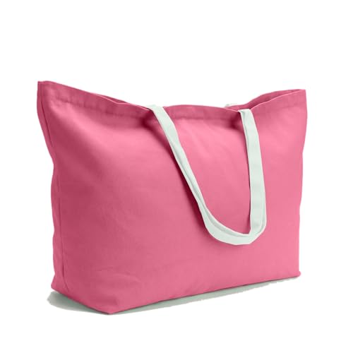 Large Canvas Tote Bag Reusable Extra Big Grocery Bags - color: Pink With Zipper
