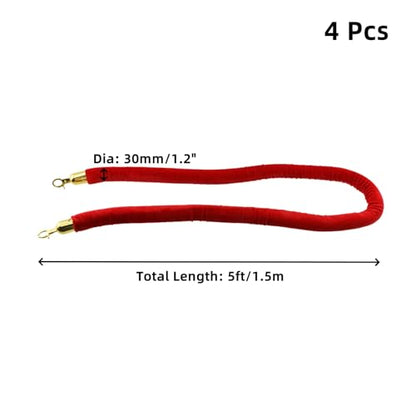 Oedema 4 Pcs Red Velvet Stanchion Rope 5 Ft Crowd Control Ropes Barrier Hanging Rope with Snap Hooks for Theaters Grand Openings - color: Red