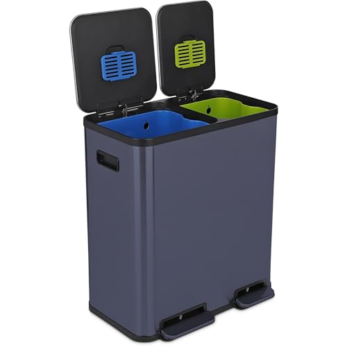 Simpli-Magic 70 Liter / 18.5 Gallon Rectangular Hands-Free Dual Compartment Recycling Kitchen Step Trash Can with Soft-Close Single Lid, Stainless Steel (40L x 30L Capacity), Blue - color: Blue, size: 70 Liter