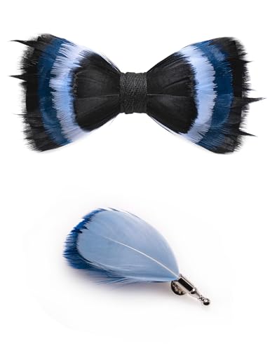 RBOCOTT Handmade Feather Pre-tied Bow tie and Brooch Sets for Men - color: Balck/Baby Blue