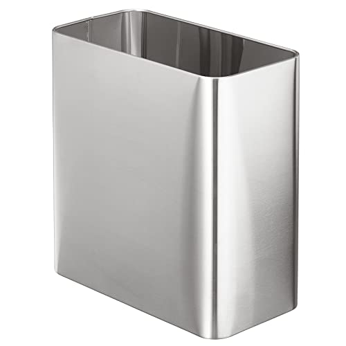 mDesign Stainless Steel Slim Rectangular Modern Metal 2.6 Gallon/10 Liter Trash Can Wastebasket, Garbage Container Bin for Bathroom, Bedroom, Kitchen, Home Office; Holds Waste, Recycling - Chrome - color: Brushed