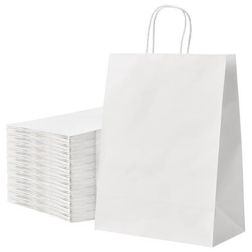 RACETOP Large White Kraft Paper Bags 100 Pack 10x5x13 in with Handles - color: White 10*5*13, size: 1 Count (Pack of 100)