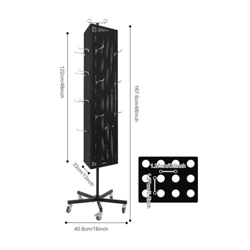 Triangular Metal Pegboard Panels Display with 20 Hooks, Black Pegboard Display Stand with Wheels, Jewelry Display Rack, Art Display Stand for Retail Shops, Boutiques