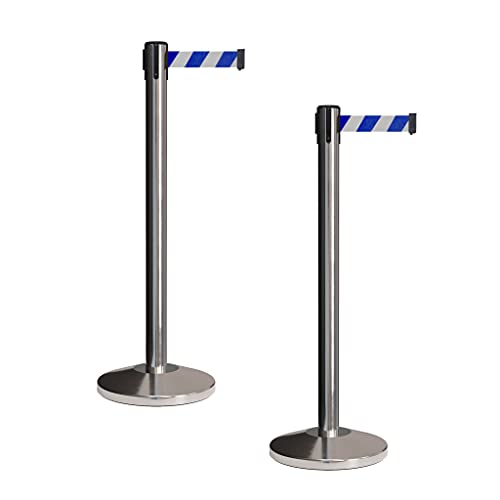CCW Retractable Belt Barrier Stanchions, 2-Pack, 7.5 Ft Blue/White Diagonal - color: Blue and White Diagonal, size: 7.5 Foot