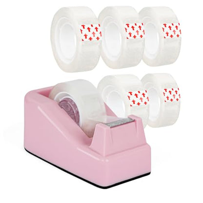 Desktop Tape Dispenser Pink,Weighted Nonskid Base,Includes 6 Rolls of Tape - color: Pink (6pcs Tape)