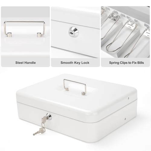 Cash Box with Key Lock & Foam Auto-Pop Coin Tray – Secure Steel Money Box with 4 Upgraded Finger-Safe Bill Clips, Premium Smooth Scratch-Resistant Coating, 11.8"L x 9.5"W x 3.5"H, KL White - color: KL White