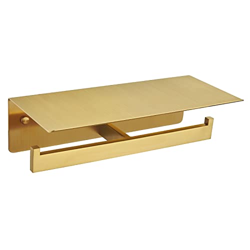 APLusee Brushed Gold Double Toilet Paper Holder with Shelf, Wall Mounted - color: Brushed Dark Gold, size: Double Rod