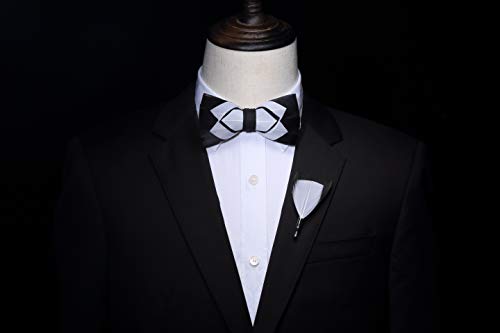 RBOCOTT Handmade Feather Pre-tied Bow tie and Brooch Sets for Men - color: Black/White1
