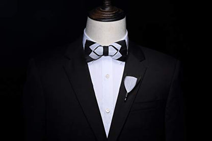 RBOCOTT Handmade Feather Pre-tied Bow tie and Brooch Sets for Men - color: Black/White1