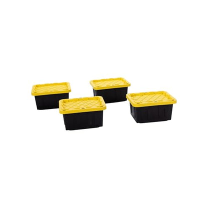 Plastic 5-Gallon Storage Tote with Lockable Lid, Stackable Tough Regular-Duty Bin for Garage, Tools, and Home Organization (4-Pack) - Black and Yellow - size: 5-Gallon (4-Pack)