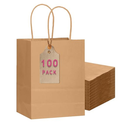 qiqee 100-Pcs Medium Size Paper Gift Bags with Handles Bulk 7.6"x4.75"x10.5" Brown Gift Bags Multiple Uses - size: Medium - 100 Packs