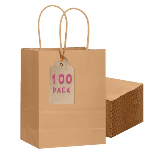 qiqee 100-Pcs Medium Size Paper Gift Bags with Handles Bulk 7.6"x4.75"x10.5" Brown Gift Bags Multiple Uses - size: Medium - 100 Packs