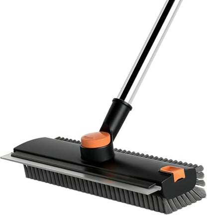 Floor Scrub Brush with Squeegee Long Handle 3 in 1 tub Brush 52'' 2026 Upgraded Multi-Functional Stiff Bristle Cleaning Scrub Brush Rotating Tile Brush for Cleaning Bathroom Patio, Pool, Garage - color: Black