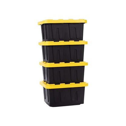 Plastic 5-Gallon Storage Tote with Lockable Lid, Stackable Tough Regular-Duty Bin for Garage, Tools, and Home Organization (4-Pack) - Black and Yellow - size: 5-Gallon (4-Pack)