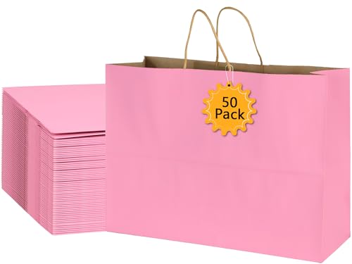 BLEWINDZ 50Pcs Pink Gift Bags Large 16x6x12 Inches Kraft Paper Bags with Handles Bulk – Goodie Bag Shopping Bag for Grocery Merchandise - color: Pink