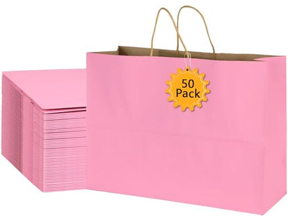 BLEWINDZ 50Pcs Pink Gift Bags Large 16x6x12 Inches Kraft Paper Bags with Handles Bulk – Goodie Bag Shopping Bag for Grocery Merchandise - color: Pink