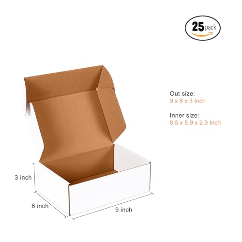 9x6x3 inch Small Shipping Boxes Set of 25, White Corrugated Cardboard Box Literature Mailer for Mailing Packing Moving and Storage - size: 9 x 6 x 3 Inch (Pack of 25)
