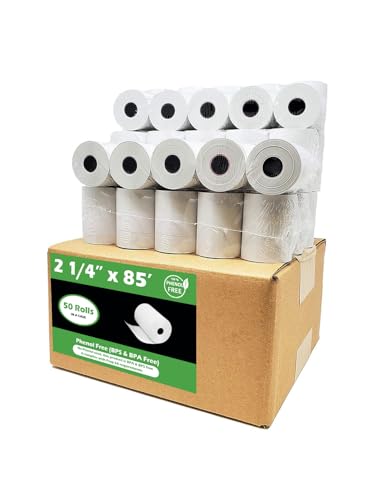 Phenol Free Thermal Paper (50 Rolls) 2 1/4 x 85 Receipt Rolls 55 GSM Fits All Credit Card Terminals Verifone VX510 VX570 FD50 BPA Free from BuyRegisterRolls