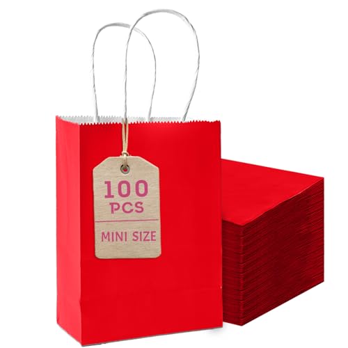 qiqee 24PCS Mini Gift Bag with Handles Bulk 4.5"x2.5"x6" Gift Bags Red Bags Multiple Uses - color: Red