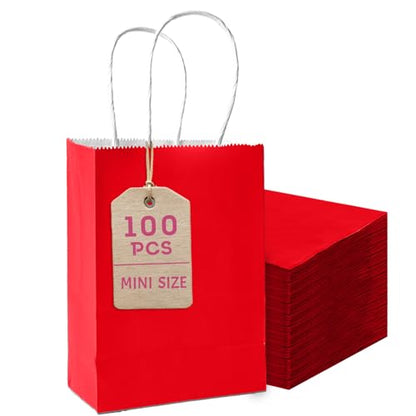 qiqee 24PCS Mini Gift Bag with Handles Bulk 4.5"x2.5"x6" Gift Bags Red Bags Multiple Uses - color: Red