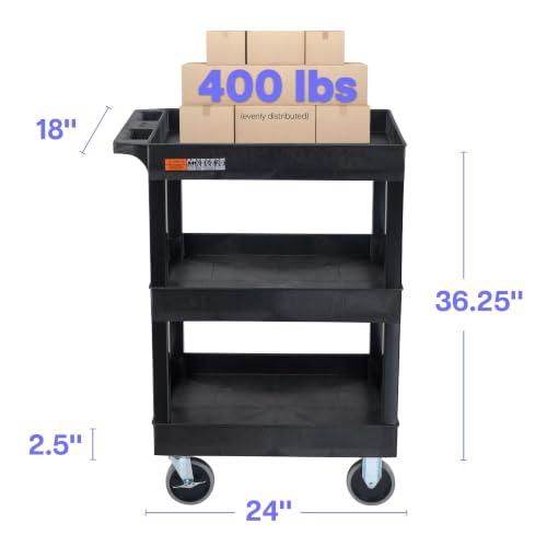 Luxor SEC111HD-B 24" x 18" Plastic Utility Cart- Three Shelf- Black