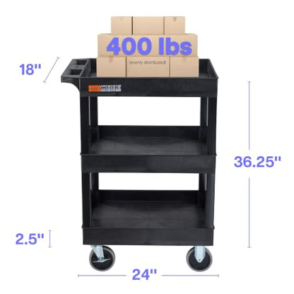 Luxor SEC111HD-B 24" x 18" Plastic Utility Cart- Three Shelf- Black