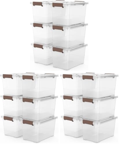WYT 18-Pack Clear 7 Quart Storage Latch Box/Bins, Plastic Stackable Latching Box with Brown Handle and Lid, Multi-Purpose, 7 Litre - size: 7qt - 18 pack