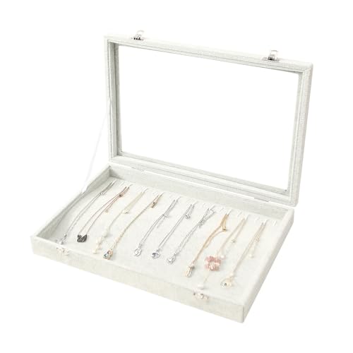 Coward 20 Hooks Necklace Organizer Jewelry Box, Grey Beige Velvet Necklace Display Tray Case with Transparent Glass Lid for Home Use or Store Selling Show - color: Grey Beige Velvet, size: Necklace Box