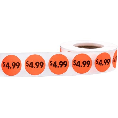 Fluorescent Red 4.99 Circle Dot Stickers, 3/4 Inch Round Price Labels, 500 Total Adhesive Stickers on a Roll for Retail Pricing, Inventory, Sales, and Promotions – Made in The USA - color: $4.99