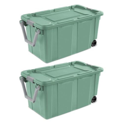 40 Gal Heavy Duty Wheeled Storage Totes 2 Pack, Rugged Plastic Storage Bins with Secure Latching Lids, Stackable Rolling Containers for Garage, Workshop, Warehouse & Outdoor Storage