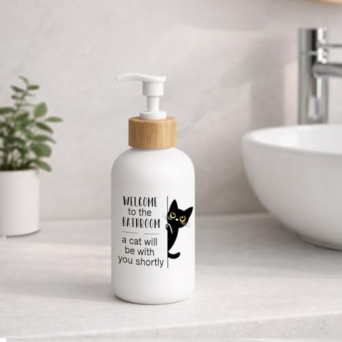 Funny Cat Bathroom Soap Dispenser, Black Cat Lover Gifts Glass Hand Soap Dispenser with Pump, Black Kitty Refillable Handsoap Liquid Bottle for Bathroom Washroom Restroom Countertop - color: Black Cat