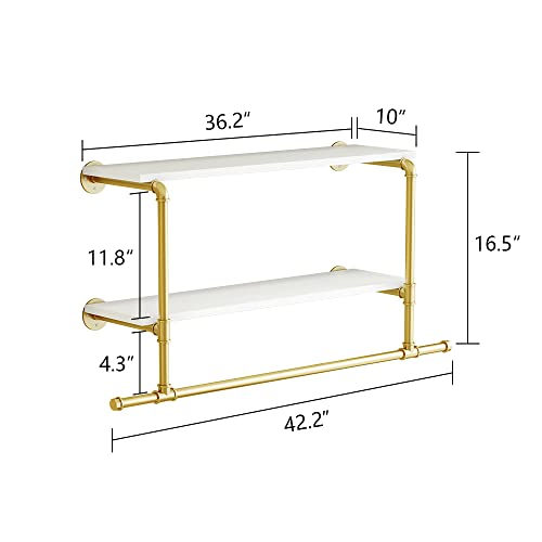 Gold Wall Mounted Clothes Rack with 2 Tier Shelves, 42" Long, Heavy Duty Iron and Wood Construction, Ideal for Clothes, Laundry Room - color: Gold, size: 42"L