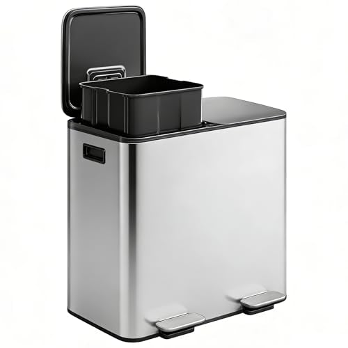 GarveeHome 2 x 8 gal Stainless Steel Double Trash Can with Lid for Kitchen, Large Dual Trash and Recycle Bin Combo, Step-on Kitchen Metal Garbage Cans, PP Inner Buckets, Liner Rim - color: Stainless Steel, size: 2 x 8 gallon