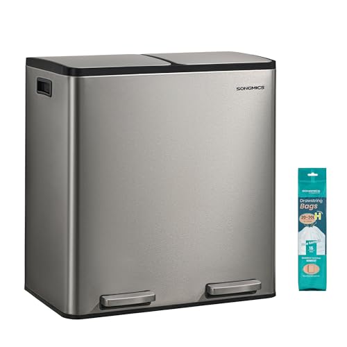 SONGMICS Trash Can, 2 x 8 Gallon (2 x 30 L) Double Compartment - color: Silver, size: 2 x 8 Gal.