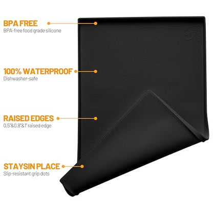 Hubulk Dog Feeding Mat,100% Waterproof Food Grade Silicone Pet Food and Water Bowl Placemat,Dishwasher, High Raised Edge to Prevent Spills,Nonslip Tray to Stop Messes on Floor (24"x16"x0.5", Black) - color: Black, size: 24"l X 16"w