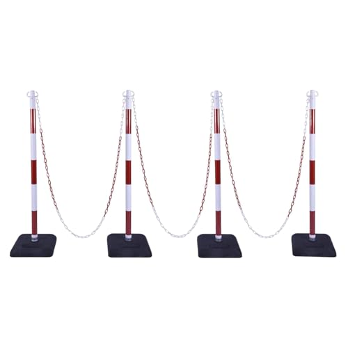 4 Pack 40" Traffic Chain Stanchion Set – Red White Safety Posts with Weighted Rubber Base, 20Ft Chain Barrier for Crowd Control, Parking, Construction, Work Zone