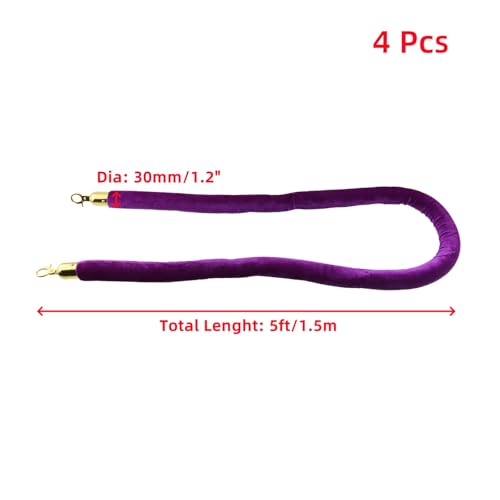 Oedema 4Pcs Purple Velvet Stanchion Ropes with Gold Hooks 5 Feet - color: Purple