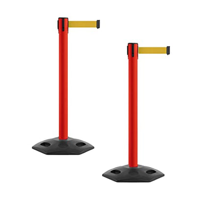 Montour Line MSR650 Set of 2 Retractable Belt Barrier Stanchion, Heavy-Duty Rubber Base, Red Steel Post (14 ft Yellow Belt) - color: Yellow, size: Red Steel